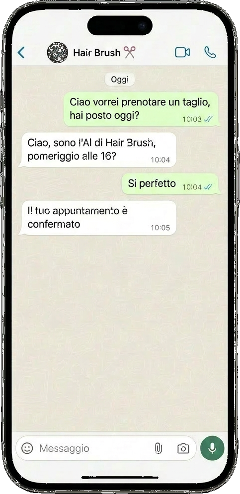 Conversazione WhatsApp con l'AI di Hair Brush che gestisce le prenotazioni
